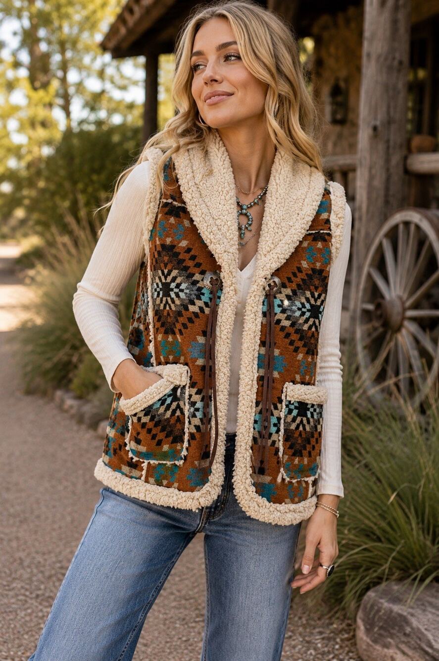 Cotton Rye Sherpa Aztec Vest Women S Western Faux Shearling